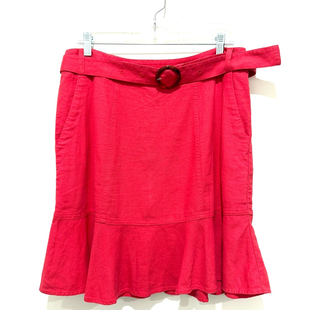 LOFT Rose Pink Linen Viscose Ruffle Belted Pockets Retro Mini Skirt Size 10